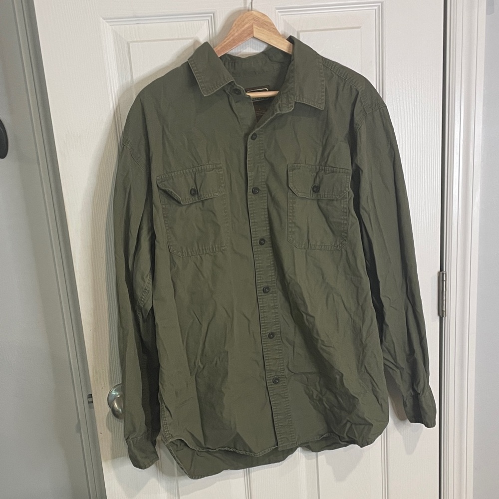 CE Schmidt Workwear - Long Sleeve Button Down Green Khaki Shirt 100% Cotton SZ L